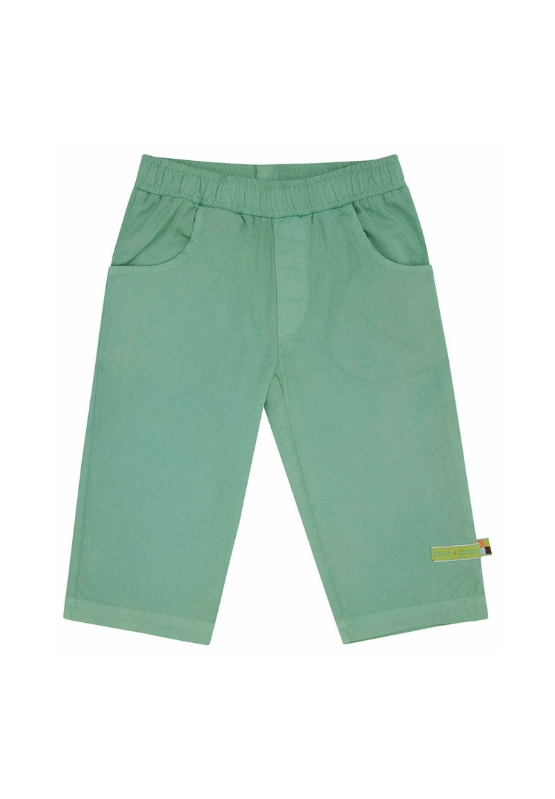 Grüne Baumwollhosen mit einem elastischen Bund, zwei Seitentaschen und einem kleinen bunten Etikett am Saum. Gerades Bein Design und glatte Textur.