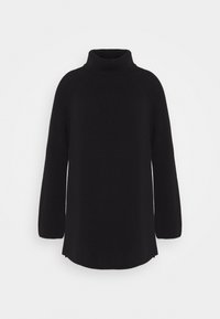 Schwarzer Rollkragenpullover aus strukturiertem Strickmaterial. Mit langen Ärmeln und einer lockeren Passform, mit seitlichen Schlitzen am Saum.