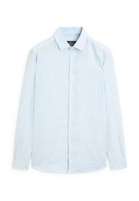 Light blue long-sleeve shirt with a button-down collar, featuring thin white vertical stripes, front buttons, and a standard fit.