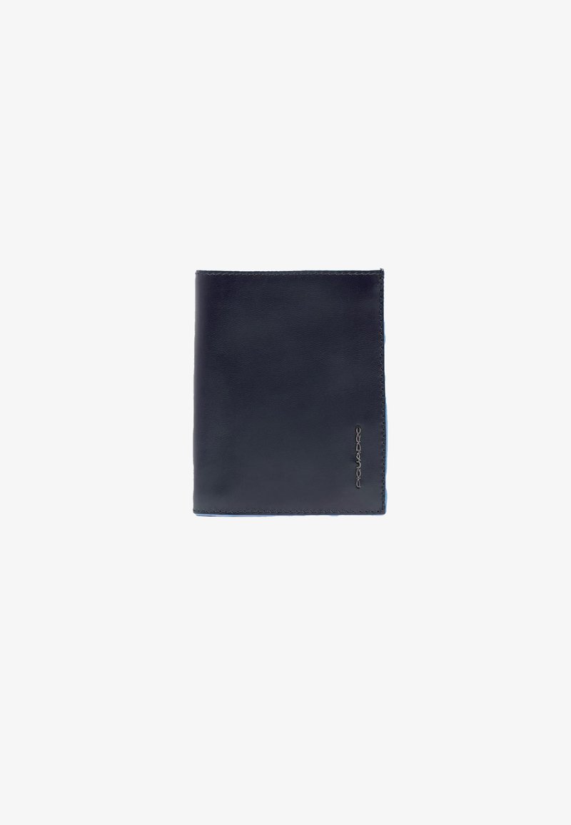 Donkerblauwe leren portemonnee, rechthoekige vorm, gladde textuur, met een minimalistisch ontwerp en subtiele branding aan de rechterkant.