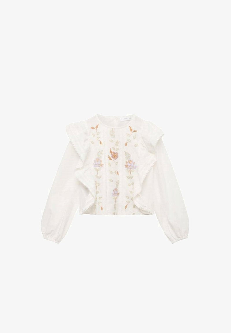 Camicia bianca con maniche a volant e ricami floreali in tonalità di rosa, arancione e verde, caratterizzata da una silhouette dritta e scollatura rotonda.