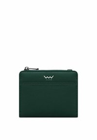 Green leather card holder featuring a zip closure, textured surface, a front pocket, and embossed "YUCH" logo in silver.