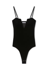 Czarny aksamitny body z cienkimi regulowanymi ramiączkami, dekoltem w kształcie litery V i zapięciem na napy w kroku.