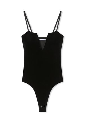 Czarny aksamitny body z cienkimi regulowanymi ramiączkami, dekoltem w kształcie litery V i zapięciem na napy w kroku.