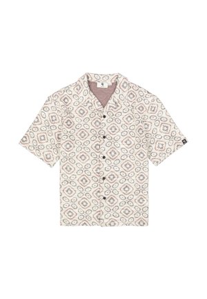 Chemise à manches courtes à boutons, en tissu à motifs crème, présentant des designs géométriques rouges et gris, avec un col cranté.