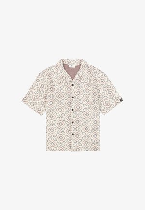 Overhemd met korte mouwen en knopen, gemaakt van een crème gekleed stof met geometrische patronen in rood en grijs, voorzien van een kraag met inkeping.