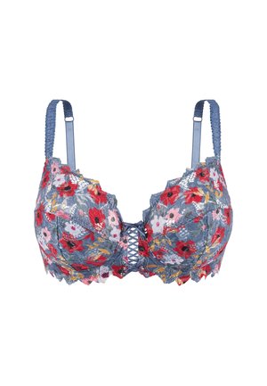 Soutien-gorge en dentelle bleue avec broderies florales rouges, roses et jaunes, bretelles réglables, avec un détail croisé au centre avant.