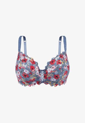 Soutien-gorge en dentelle bleue avec broderies florales rouges, roses et jaunes, bretelles réglables, avec un détail croisé au centre avant.