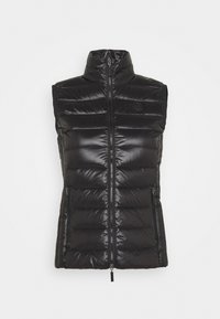 Gilet imbottito nero senza maniche con collo alto, chiusura a zip e cuciture orizzontali trapuntate. Tessuto liscio e lucido con due tasche laterali.