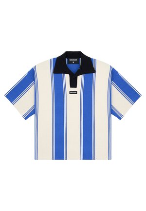Short-sleeve polo shirt featuring alternating blue and white vertical stripes, black collar, and a small label on the front.