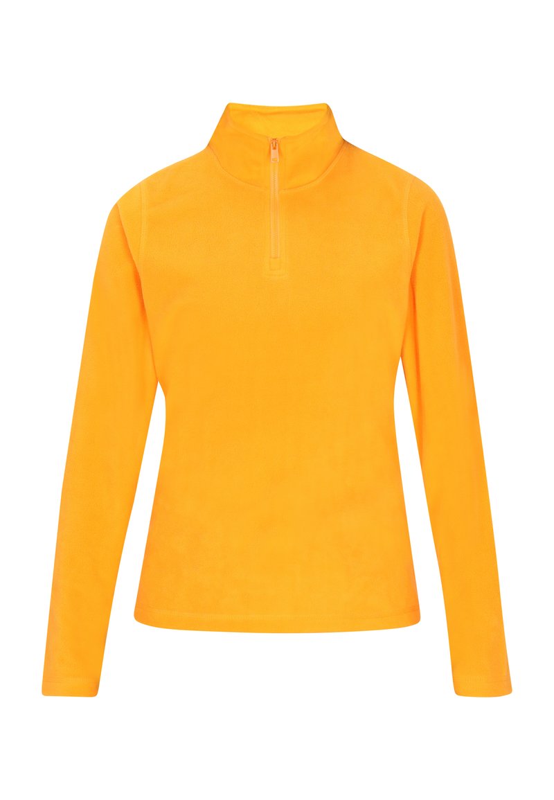 Fleece-Pullover in leuchtendem Orange mit hohem Kragen und Viertelreißverschluss. Lange Ärmel, weiche Textur und taillierte Silhouette.