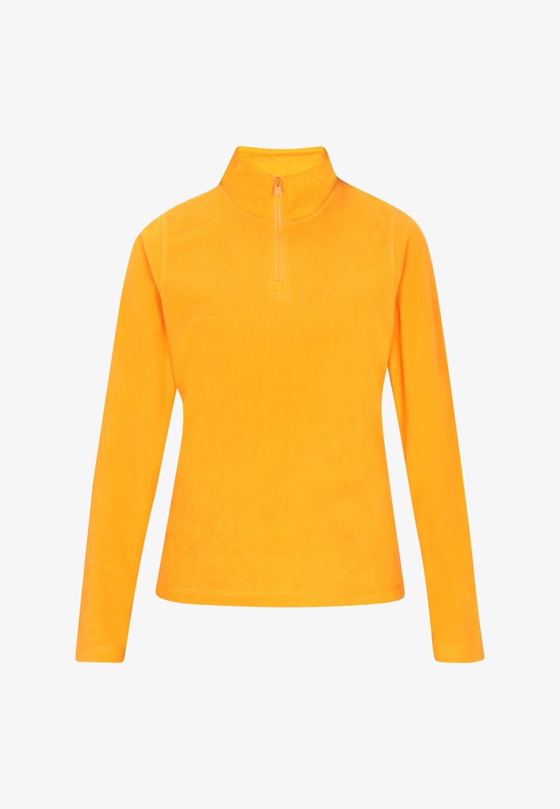 Fleece pulóver élénk narancssárga színben, magas gallérral és negyed cipzárral. Hosszú ujjú, puha tapintású és férfias szabású.