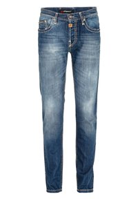 Denim jeans in middelblauw, met een straight-leg ontwerp, lichte vervaging op de bovenbenen, vijf zakken en contrasterende stiksels.