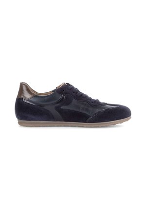 Men's low-top sneaker with navy suede and leather upper, brown heel detail, lace-up closure, and beige rubber sole, shown in side view.