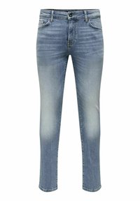 Blauwe spijkerbroek met een slim fit, voorzien van een knoopsluiting, vijf zakken en subtiele vervagingen op de dijen voor een versleten effect.