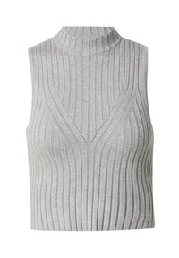 Ärmelloser grauer Rippenpullover mit Stehkragen und V-förmigem Designdetail. Hergestellt aus einem weichen Material, mit vertikaler Textur.