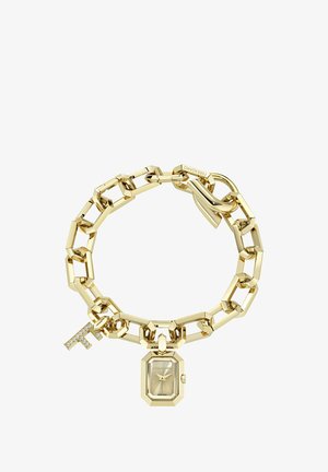 Zlatý náramek s články a malým octagonálním pouzdrem hodinek jako přívěskem, doplněným krystalově zdobeným přívěskem ve tvaru "F", uzavřený pomocí otočného zapínání.