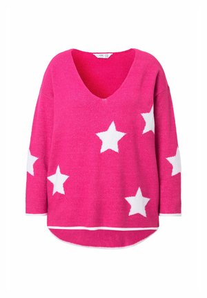 Rosa Pullover aus weichem Stoff, mit V-Ausschnitt, langen Ärmeln und weißen Sternmustern auf der Vorder- und Rückseite. Abgerundeter Saum mit weißem Besatz.