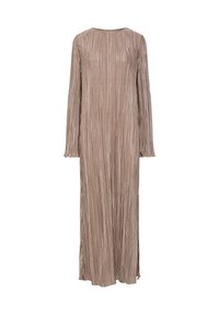 Robe longue plissée dans une couleur taupe douce. Caractéristiques des manches longues, un col rond et des fentes latérales pour plus de liberté de mouvement. Tissu texturé.