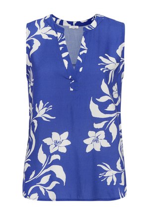 Ärmelloses Top aus leuchtend blauer Stoff mit einem weißen Blumenmuster, V-Ausschnitt und einem dezenten Knopfdetail am Kragen.
