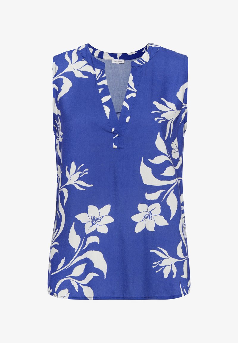 Ärmelloses Top aus leuchtend blauer Stoff mit einem weißen Blumenmuster, V-Ausschnitt und einem dezenten Knopfdetail am Kragen.