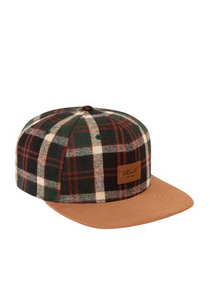 Plaid snapback cap with green, black, white, and red pattern, featuring a tan flat brim and a small brown rectangular logo patch on the front.
