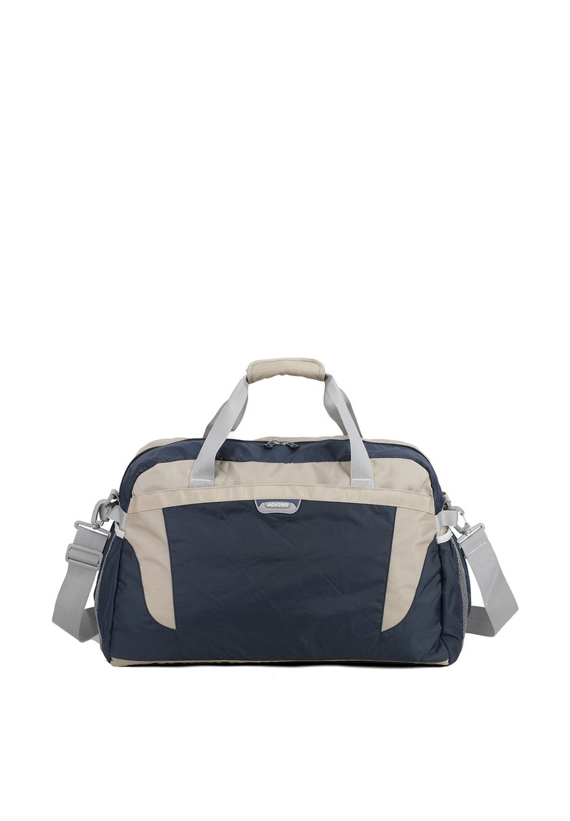 Borsa a tracolla in tessuto blu navy e beige, dotata di due manici superiori, una tracolla regolabile e una chiusura con zip con una tasca frontale.