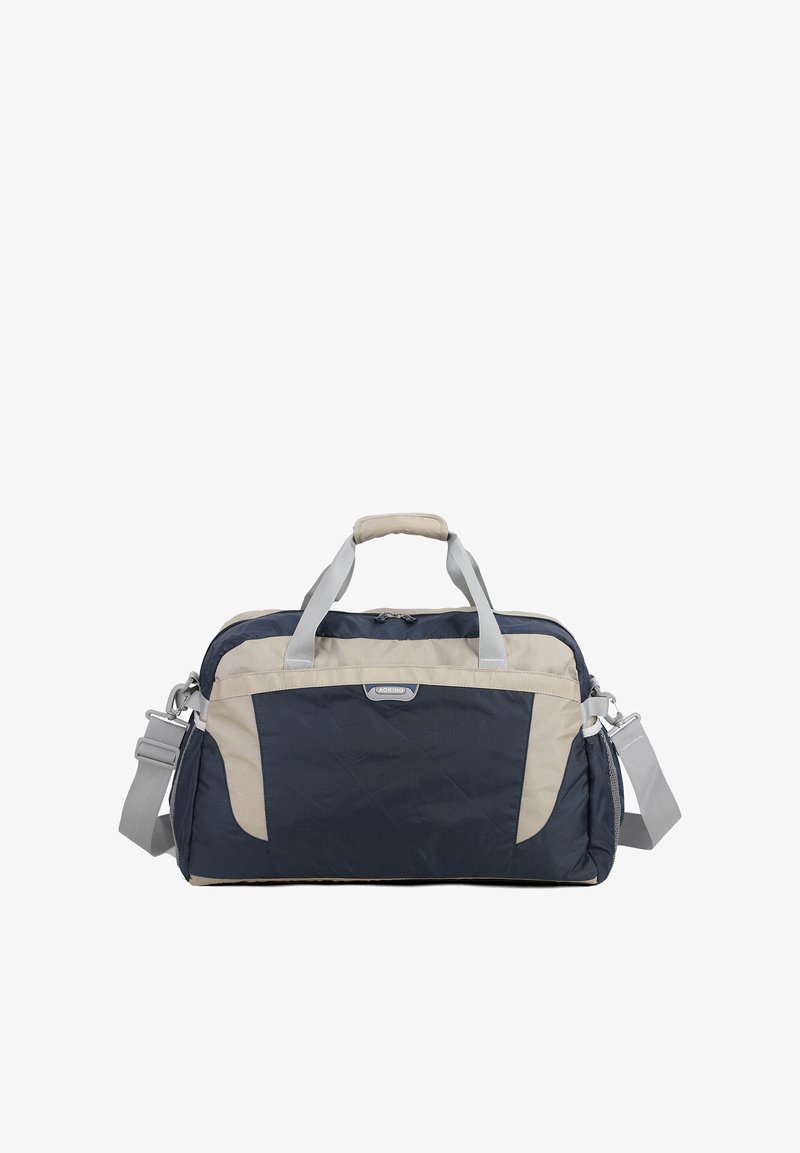 Borsa a tracolla in tessuto blu navy e beige, dotata di due manici superiori, una tracolla regolabile e una chiusura con zip con una tasca frontale.
