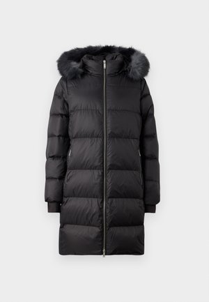 Must must puffer jope valehalli kapuutsiga, millel on lukuga kinnitamine, tikandiga disain ja küljetaskud. Pikkade varrukate lõppudel ribad.