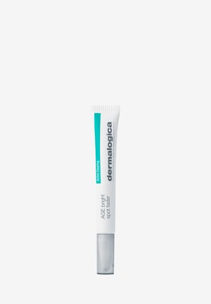 Tubo bianco con un tappo trasparente, caratterizzato da testo turchese e grigio. Il nome del prodotto è "AGE bright spot fader", progettato per un'applicazione mirata.