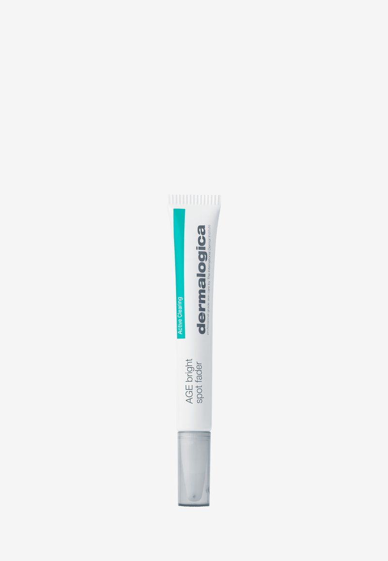 Weißer Tube mit klarem Deckel, mit türkisfarbenem und grauem Text. Der Produktname lautet "AGE Bright Spot Fader", entwickelt für eine gezielte Anwendung.