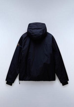 Marineblauwe hoodie met een relaxte pasvorm, voorzien van een gladde textuur en elastische manchetten, versterkte naden en een logo-opdruk op de schouder.