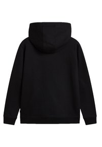 Zwarte hoodie met lange mouwen, gemaakt van een zachte stof. Beschikt over een geribbelde zoom en mouwen, zonder zichtbare merktekens of patronen.