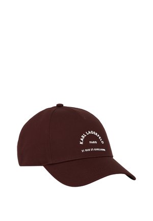 Dark brown baseball cap with white text "KARL LAGERFELD PARIS 21 RUE ST-GUILLAUME" on the front panel.