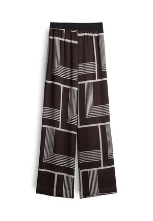 Brede broek in donkerbruin stof met een geometrisch wit patroon van lijnen en vormen. Elastische tailleband, gladde textuur.