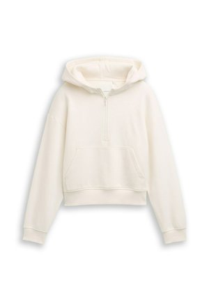 Weißer, kurzkotiger Hoodie mit einem Frontreißverschluss, verstellbarem Kapuzen und einer Kängurutasche. Hergestellt aus weichem Stoff mit einer strukturierten Oberfläche.