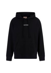 Black hooded sweatshirt made of cotton blend. Features a front pocket, drawstrings, and "GUESS" logo in white on the chest.