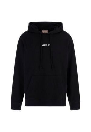 Sudadera con capucha negra hecha de una mezcla de algodón. Cuenta con un bolsillo delantero, cordones y el logo "GUESS" en blanco en el pecho.
