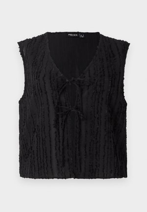 Čierny bezrukávový top s V-výstrihom, textúrovanými zvislými pruhmi a detailom s viazaním vpredu. Vyrobený z ľahkej, mierne priesvitnej tkaniny.