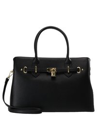 Svart läderhandväska med texturerad yta, detaljer i guld, ovankantshandtag och justerbar axelrem. Har ett låsbleck och dekorativa detaljer.