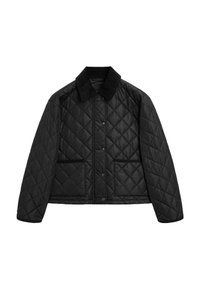 Veste matelassée noire avec un col en velours côtelé, des boutons-pression à l'avant et deux poches avant.