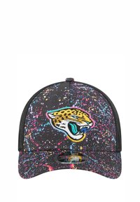 Black baseball cap featuring a colorful speckled pattern, with an embroidered jaguar head logo on the front and a curved visor.