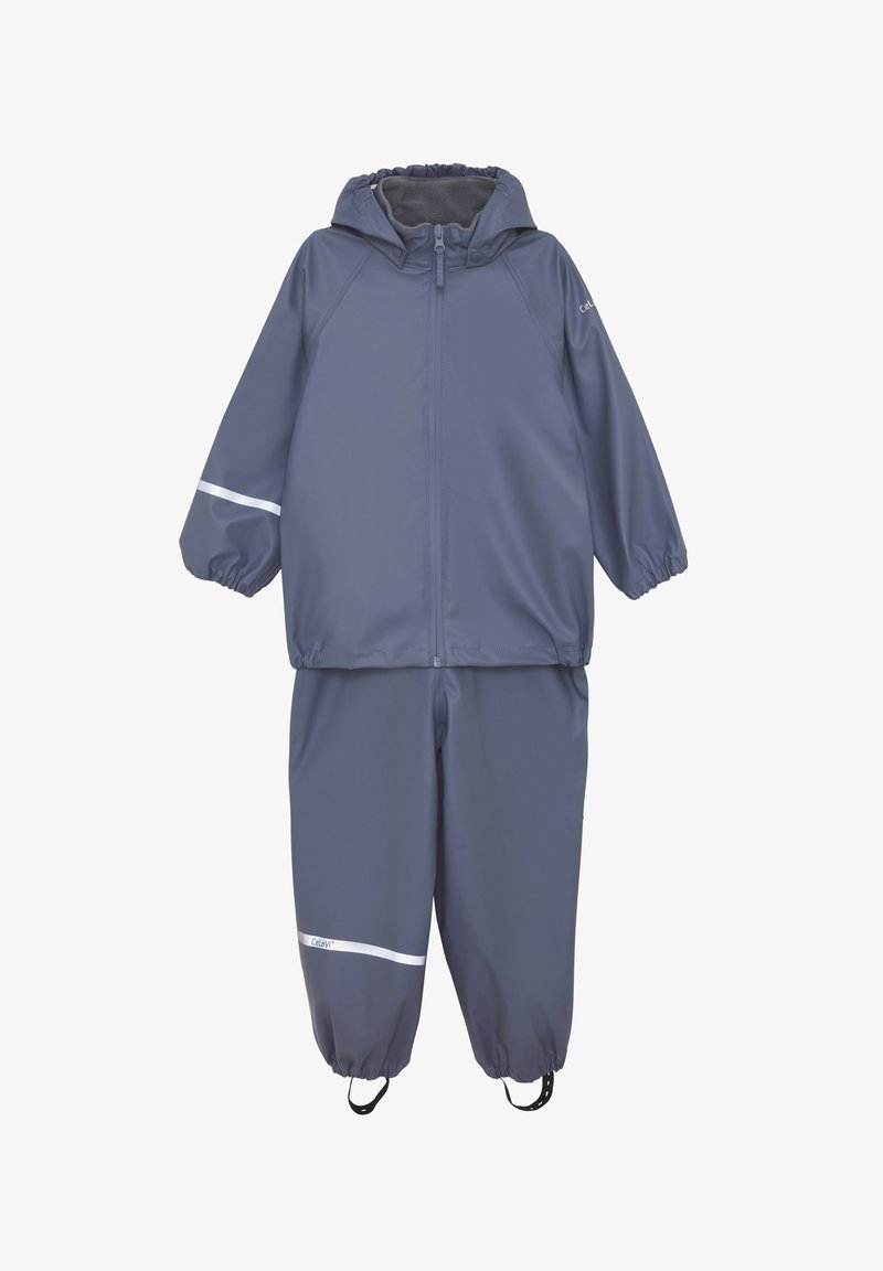 Traje impermeable gris para niños con chaqueta con capucha y puños elásticos, tiras reflectantes en las mangas y las piernas del pantalón, y correas para los pies.