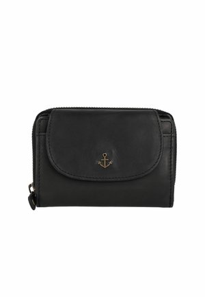 Black leather wallet with a rounded shape, featuring a front flap, zip closure, and a small gold anchor emblem. Smooth texture.