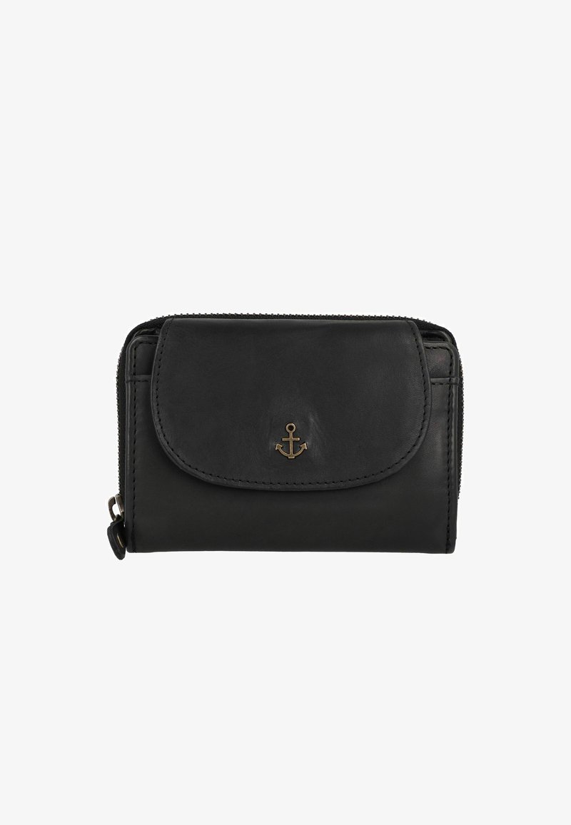 Black leather wallet with a rounded shape, featuring a front flap, zip closure, and a small gold anchor emblem. Smooth texture.