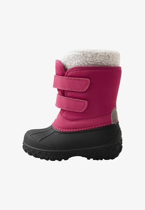 Rosa Schneestiefel mit einer schwarzen Gummisohle, ausgestattet mit zwei Klettverschlüssen und einem weichen weißen Futter an der Oberseite. Entwickelt für kalte, nasse Bedingungen.