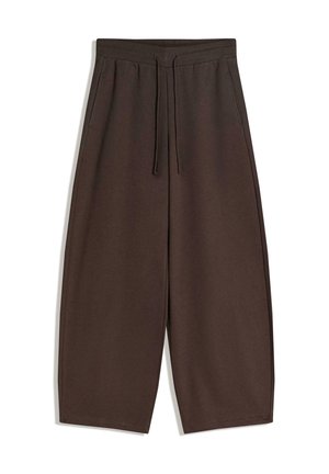 Pantalon marron à jambes larges avec taille élastique et cordon, avec poches latérales et longueur courte.