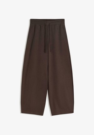 Brązowe spodnie o szerokich nogawkach z elastycznym pasem i sznurkiem, z bocznymi kieszeniami i skróconą długością.