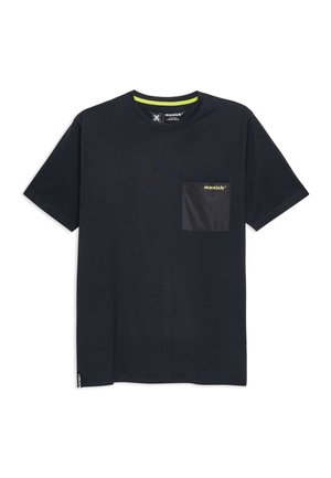 Heren zwart katoenen T-shirt met korte mouwen, een ronde hals en een effen zwarte borstas met een gele logo-accent.
