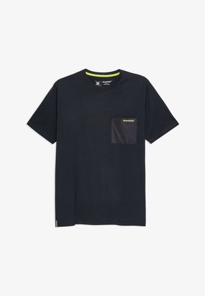 Men's black cotton t-shirt with short sleeves, a crew neckline, and a solid black chest pocket featuring a yellow logo accent.